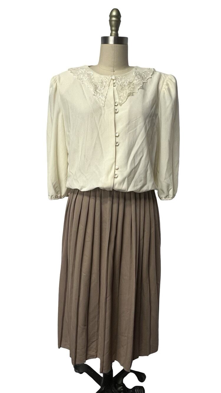 Vintage 80s Neutral Polyester USA Made Embroidered Collar Secretary Dress Sz 18